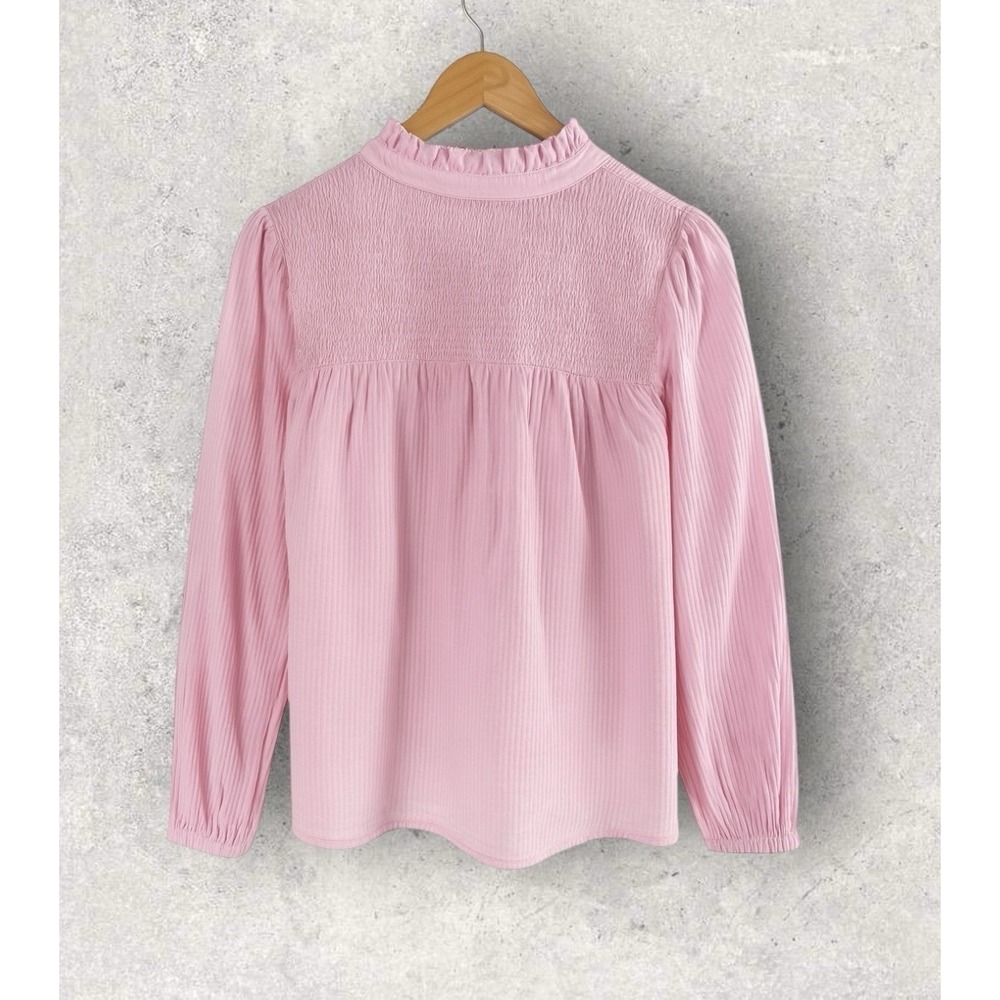 J. Crew Blouse 1/2 Button Popover Pink Ruffle Smocked Crinkle Gauze Size Medium - Picture 2 of 14